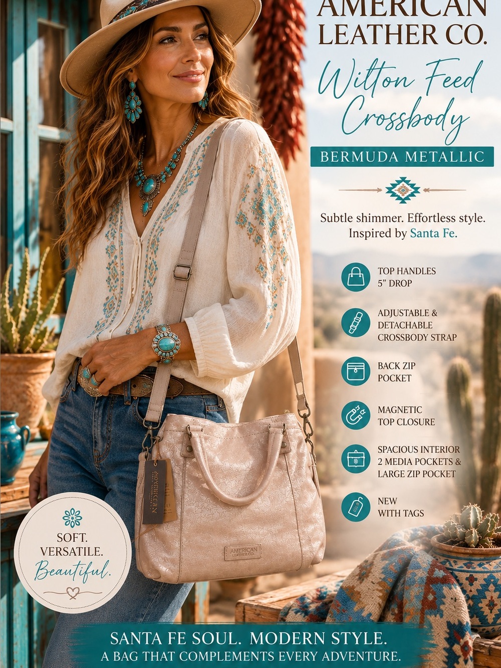 American Leather CO. Bermuda Metallic Wilton Feed Crossbody NWT $165 MSRP